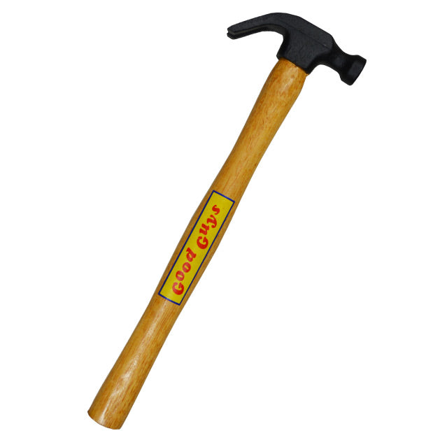 Hammer prop.  Black hammer on wood grain handle.  Label, yellow with blue border, red text Good Guys.