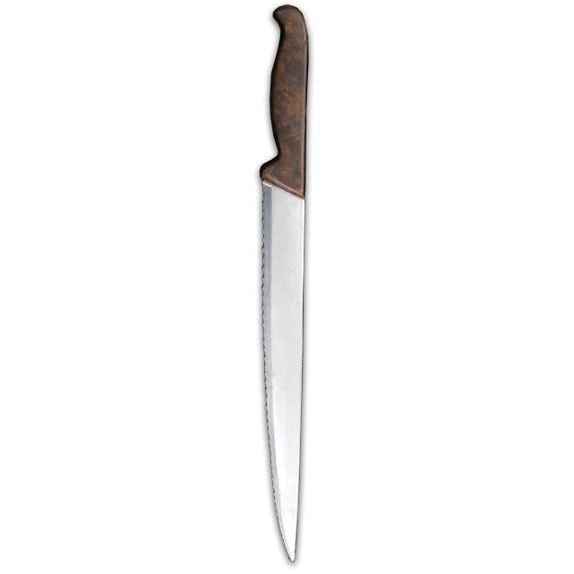 knife prop.  Serrated steak knife with brown handle.
