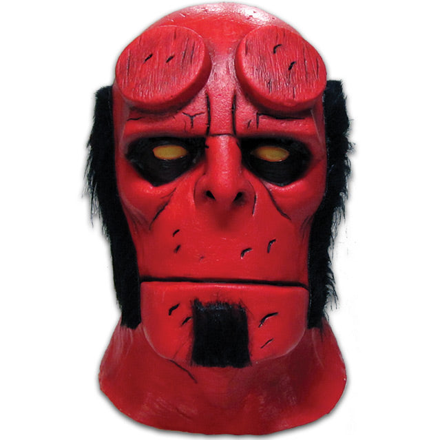 Hellboy mask.  Red demon face, head and neck, horns filed off, black-rimmed yellow eyes. Square jaw, straight mouth. Black hair, sideburns and goatee