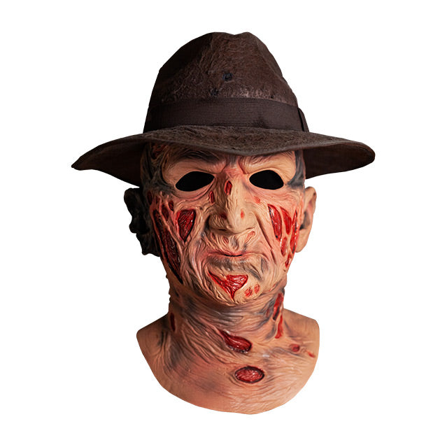 Front view, Freddy Krueger mask, wearing brown Fedora hat, head and neck, burnt skin, wrinkled with sores.