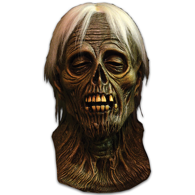 Mask front view, head, neck and upper chest. Dry zombie face, wrinkled brown skin, short white hair, sunken eyes, ghastly mouth with large teeth.