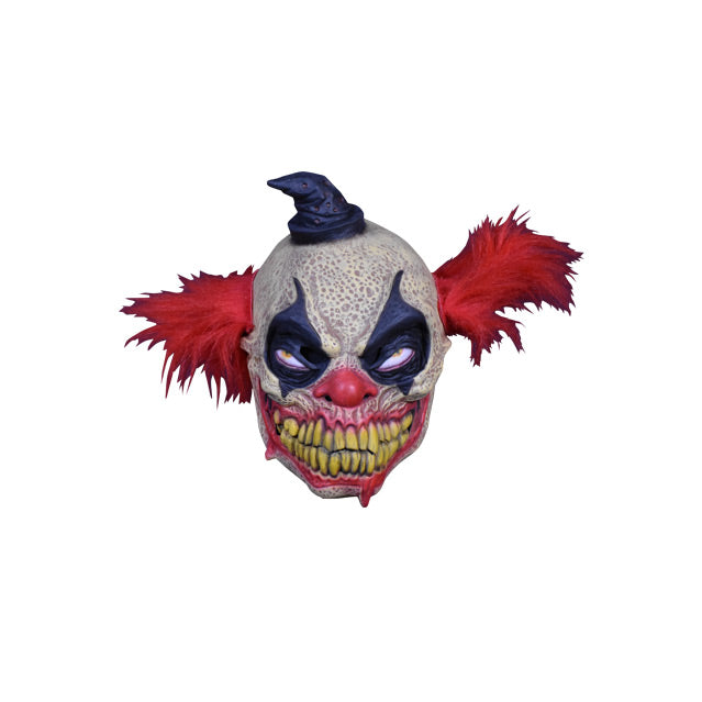 Creepy Clown mask, grey and white speckled skin.  Tiny black hat, scruffy red hair on sides of head.  Black clown makeup around menacing eyes, dark pink nose.  Large grinning mouth with dark pink lips and numerous yellowed crooked teeth.