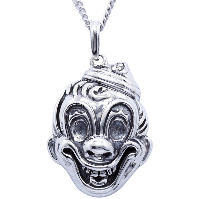 Front view.  Sterling silver clown face pendant and necklace.