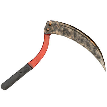 Sickle prop.  Orange handle with black grip.  Blade painted to appear like aged metal.