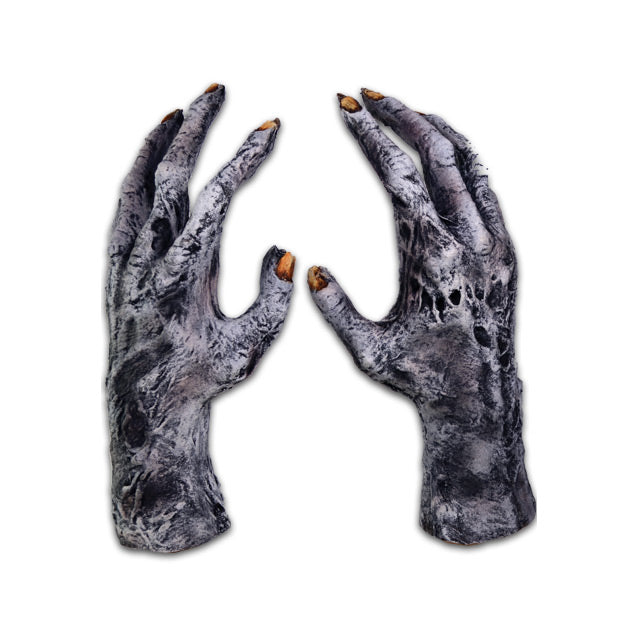 Costume zombie hand gloves, back of hands, black and gray, frosty wrinkled rotten skin, dirty yellow fingernails.