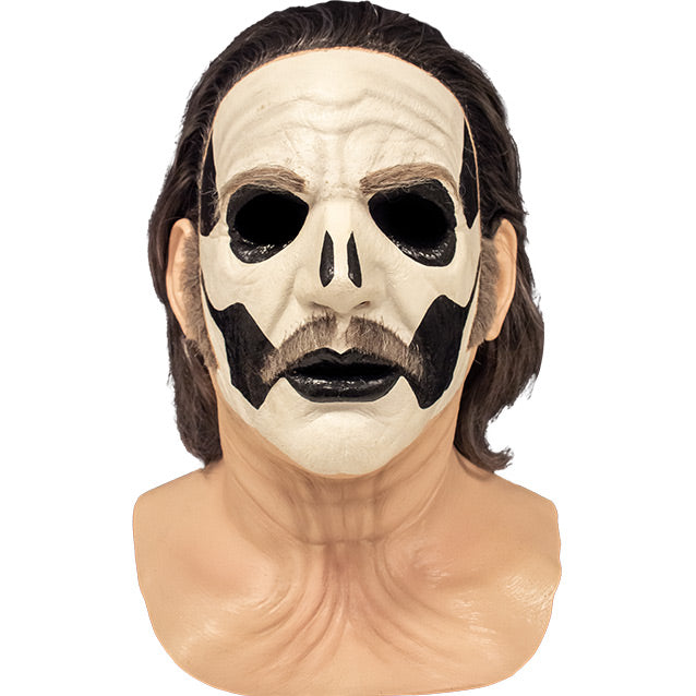 Mask, front view. Head, neck and upper chest. Thick black and gray hair, gray eyebrows, moustache and sideburns, white painted face, with black accents to create skull like appearance.