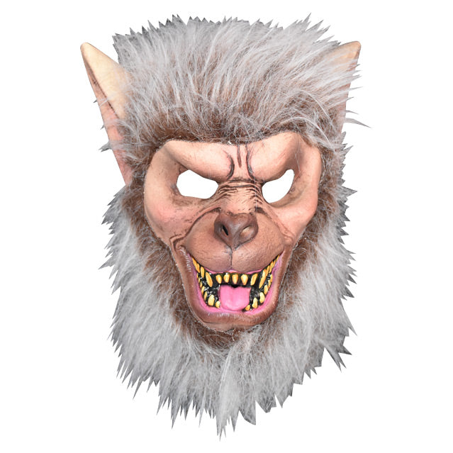 Youth mask.  Timberwolf face, large ears, snout with brown nose, open snarling mouth with large yellow wolf teeth and pink tongue.  Surrounded by gray and brown fur.