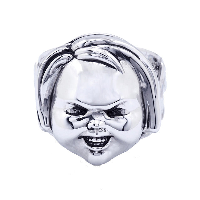 Face view. Silver plated brass ring. Evil Chucky Good Guys face.