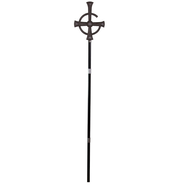 Tall black and silver staff.  Topped with inverted cross, with semi circle that looks like a G.