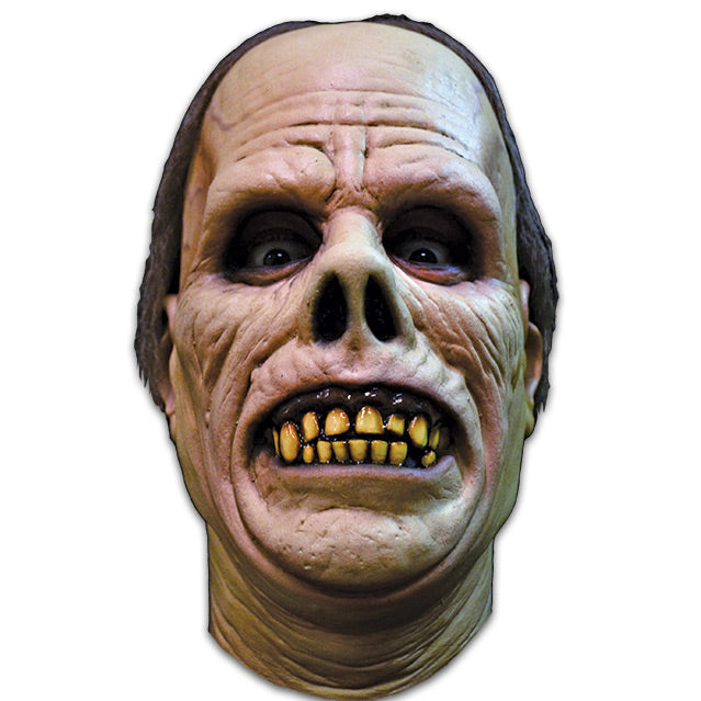 Phantom of the opera mask. Dark gray hair, pale wrinkled skin on face and neck, snub nose, prominent dark gums and large yellowed teeth.
