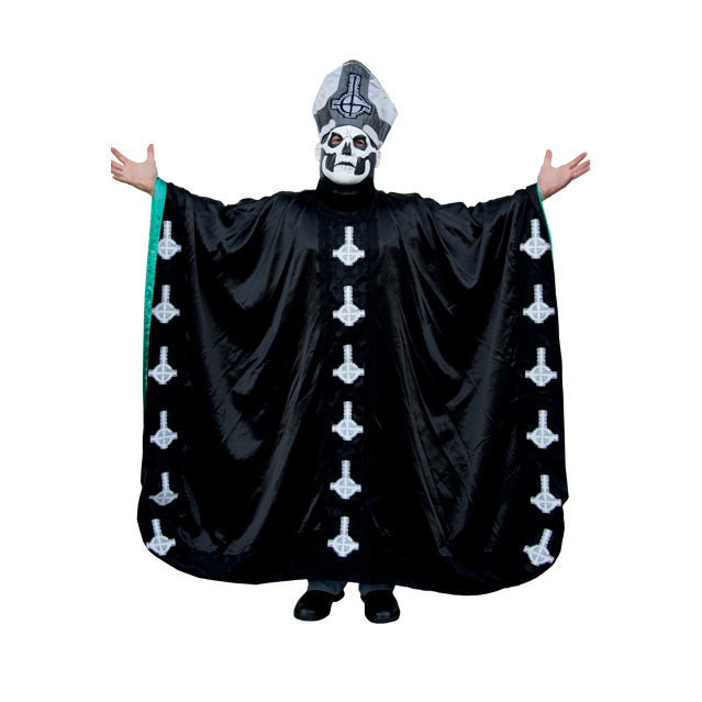 Man in Papa Emeritus robe, mask and hat.  Robe is black, green on the inside, adorned with several inverted crosses, with semi circle that looks like a G.