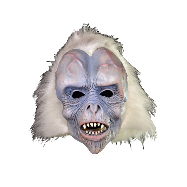 Front view Mask.  Ape-like face, pale white, blue and pink skin, wrinkled around brows, eyes, cheeks and mouth.  Enlarged forehead with bulging veins.  Slightly open mouth with sharp teeth.  Bushy white hair with widow's peak.