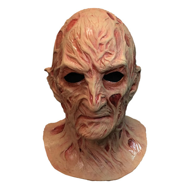 Front view, Freddy Krueger mask, head and neck, burnt skin, wrinkled with sores and scars.