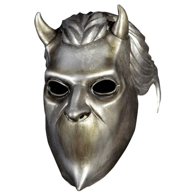 Chrome colored latex mask.  male face, 2 horns on forehead.  Blank spot where mouth would be.