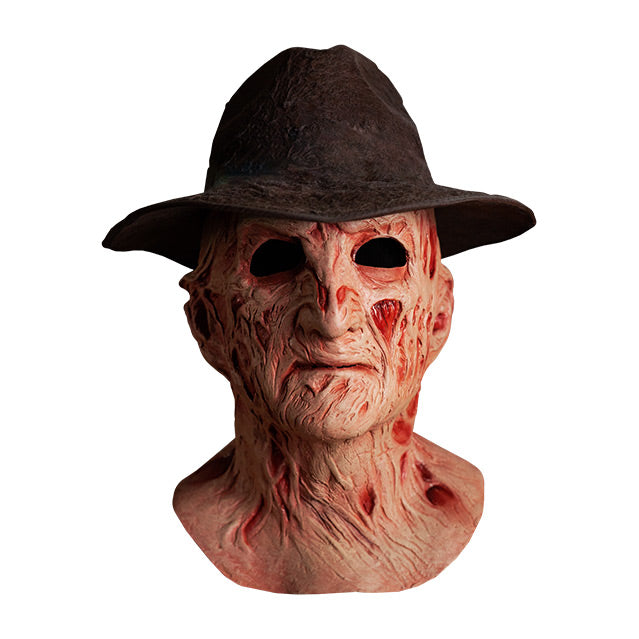 Front view, Freddy Krueger mask, wearing dark brown Fedora hat, head and neck, burnt skin, wrinkled with sores and scars.