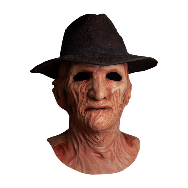Front view, Freddy Krueger mask, wearing dark brown Fedora hat, head and neck, burnt skin, wrinkled with scars.