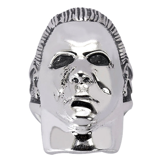 Michael Myers Sterling Silver ring, front view. Michael Myers face and neck. 