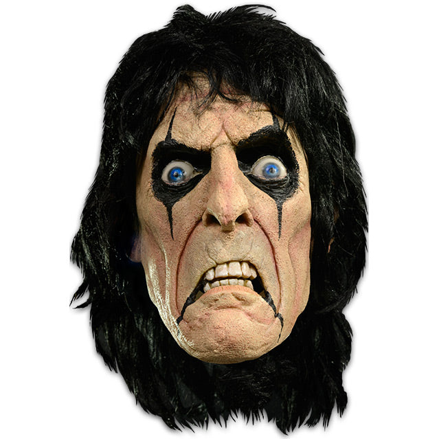 Front view, Alice Cooper mask, black hair, blue eyes, black makeup around eyes and sides of mouth, grimacing.