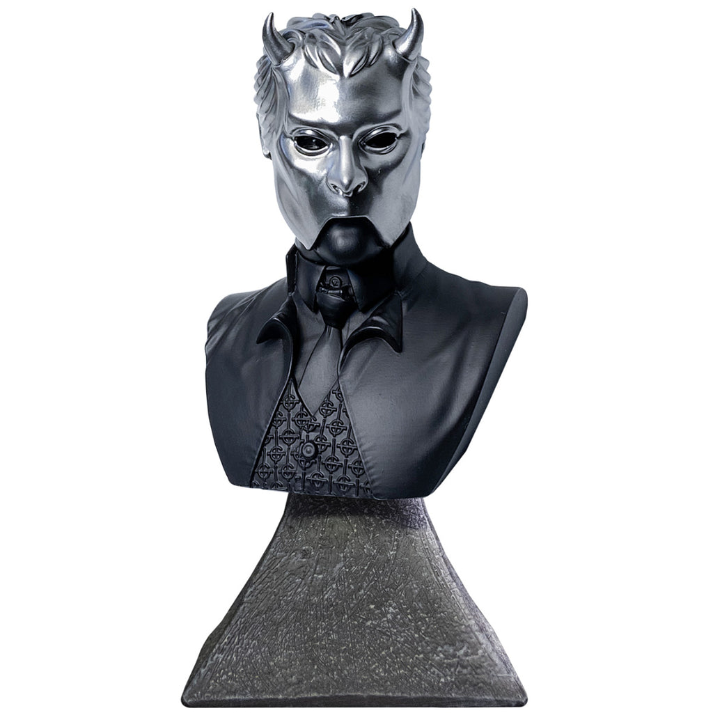 Ghost, Nameless Ghoul mini bust.  Head neck and chest of man, wearing chrome facemask with horns on face.  Black shirt, tie and vest under black jacket.  Set on gray stone textured base.