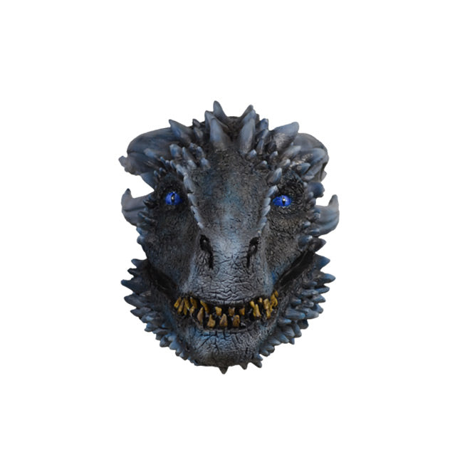 Front view.  Dragon mask.  Gray dragon face. Bright blue eyes.  Many light gray spikes.  Mouth with several sharp yellow teeth.
