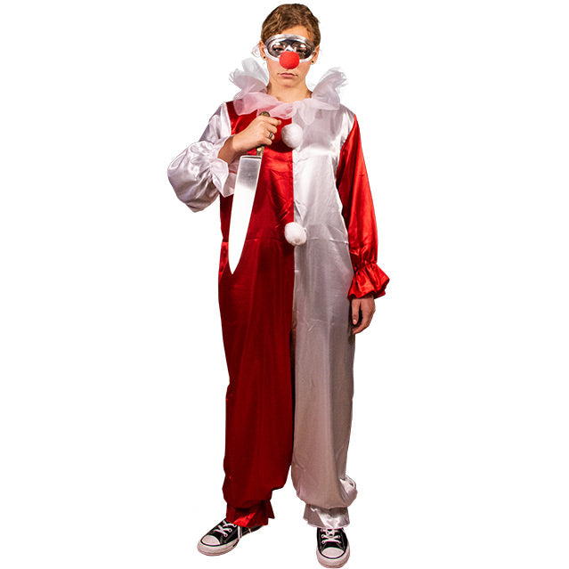 Person wearing Silver face mask, large red foam clown nose. White and red clown jumpsuit, black and white sneakers.