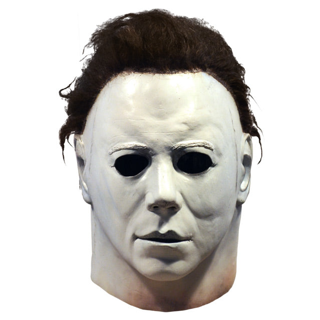 Michael Myers mask, Front view.  Head and neck.  Dark brown hair, white skin, flesh colored around bottom of neck.