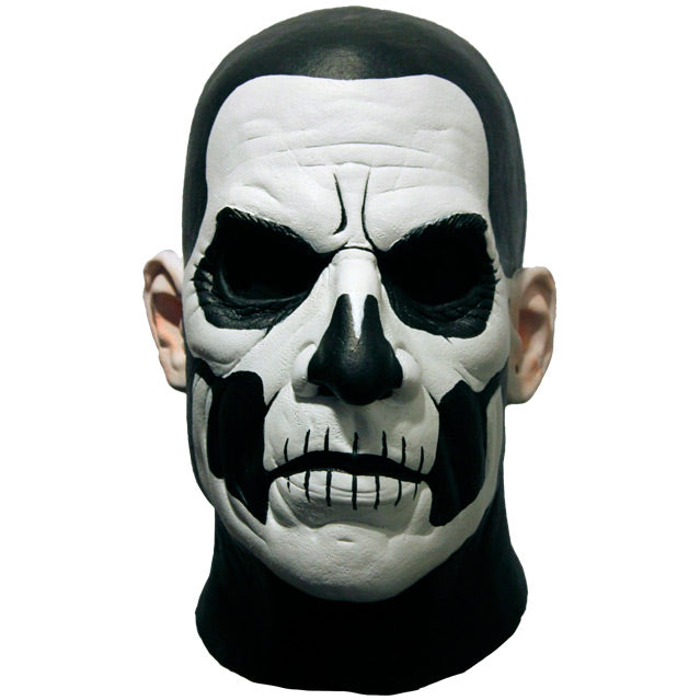 Mask, front view. Head and neck. Bald, black painted head and neck, white painted face, with black accents to create skull like appearance.