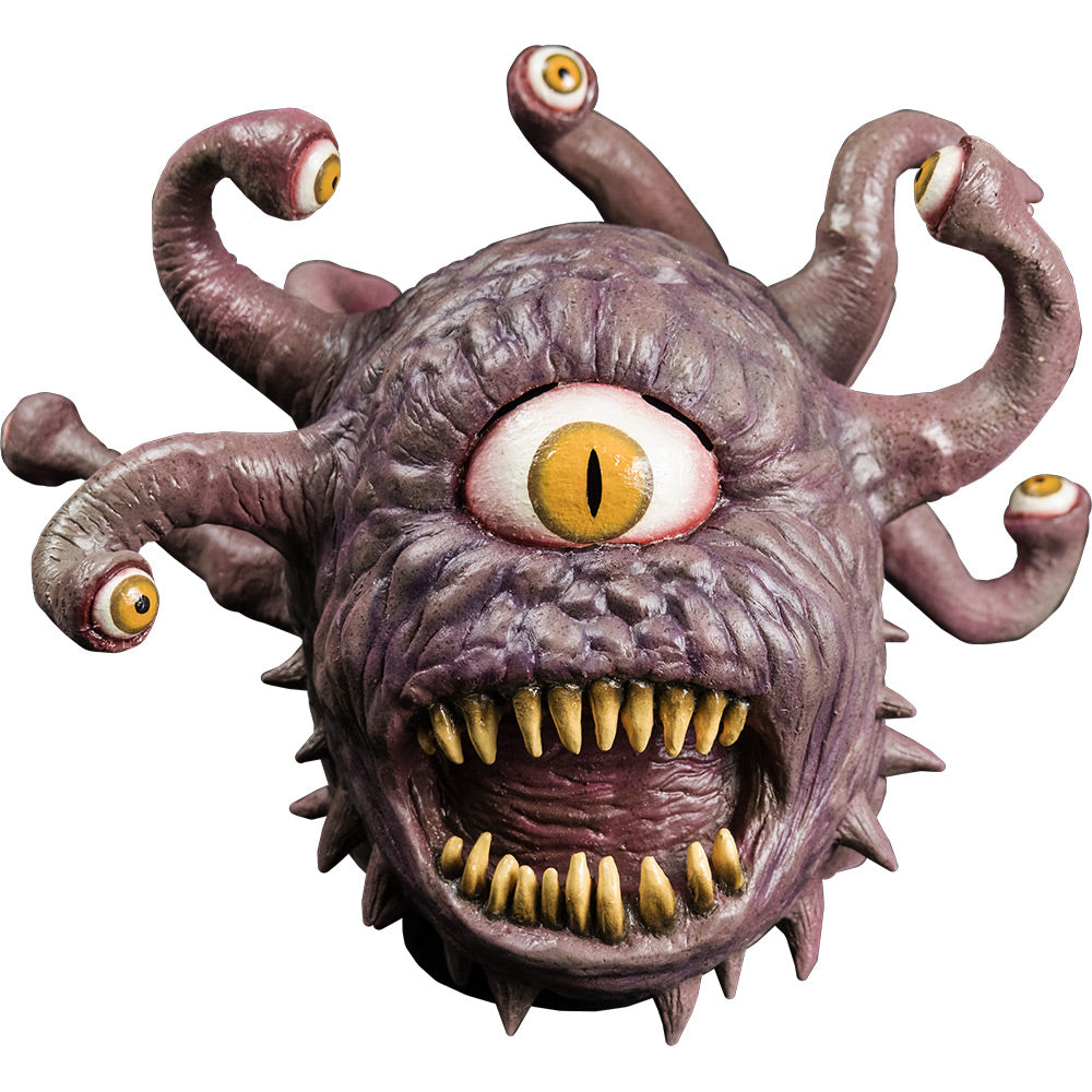 Front view Mask.  Purple gray lumpy flesh. 10 protruding eye stalks with yellow eyes. one large yellow eye with a vertical pupil, in the in center of head. Spikes around jawline,  gaping open mouth with large sharp teeth.