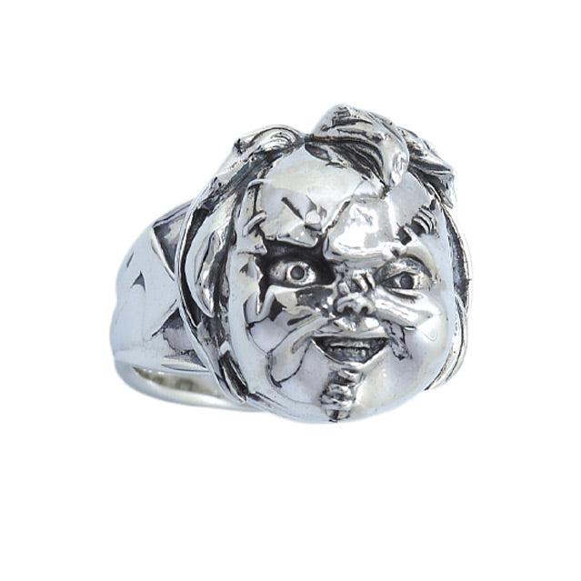 Silver plated brass ring.  Scarred Chucky face.