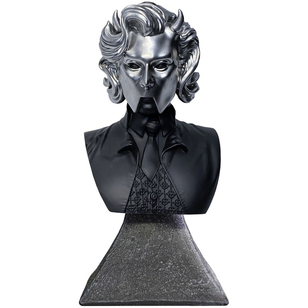Ghost, Nameless Ghoulette mini bust. Head neck and chest of woman, wearing chrome facemask with horns on face. Black shirt, tie and vest under black jacket. Set on gray stone textured base. 