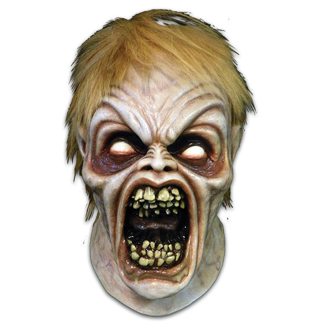 Mask, head and neck.  Evil Ed, Blond hair. Possessed, creased, angry face.  dark circles around sunken white eyes.  Wide open mouth with several rows of grotesque teeth.