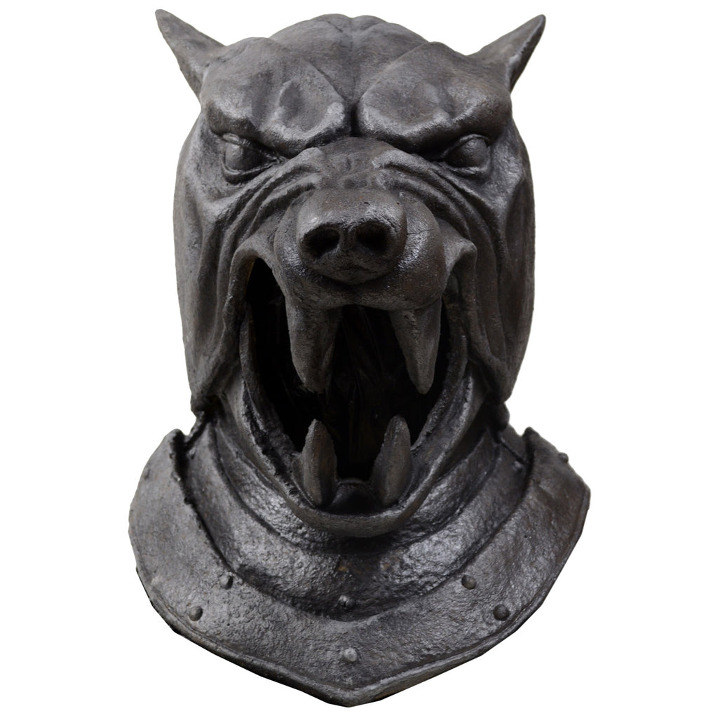 Front view.  Helmet, made to appear like black metal.  Snarling hound face, neck piece with rivets.