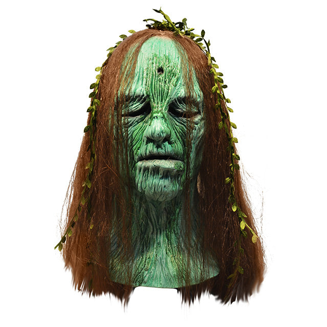 Front view, Creepshow Becky Mask.  Head and neck of woman.  Red brown straight hair, with seaweed in it, green wrinkled mossy skin, eyes appear closed.  hole in forehead.