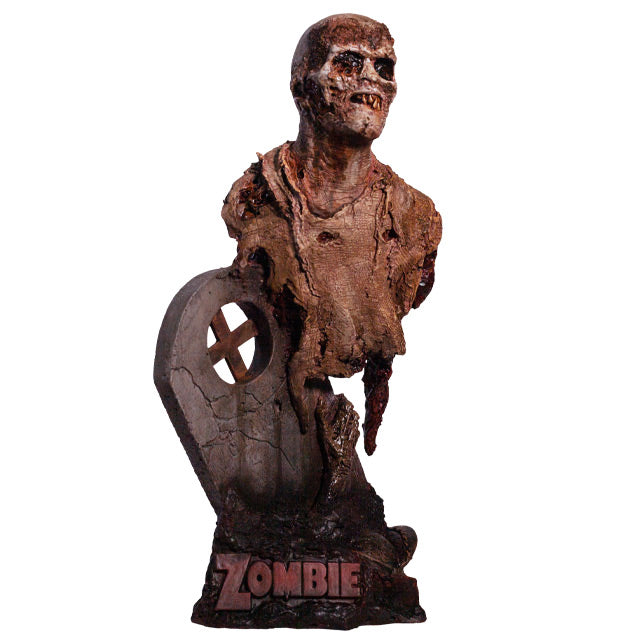 Bust, front view.  Rotted zombie head neck and upper torso, wearing dirty rotted torn clothing.  Gore around shoulders and bottom of torso.  Face has rotting flesh, black eyes, mouth of jagged dirty teeth.  Base is gravestone set in soil, with zombie arm coming from the ground , plaque at bottom with red text reading Zombie.