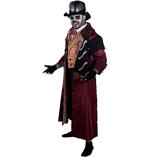  Dr. Death costume, man, black top hat, white face, full beard. wearing long red and black coat, white shirt, yellow and black striped vest, red bowtie, black pants, black shoes, black fingerless gloves.