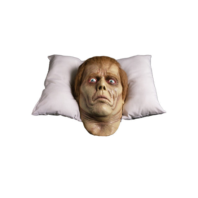 Roger pillow prop.  Head and neck, red brown hair, wide red-rimmed blue eyes, furrowed brow, frowning mouth, resting on pillow.