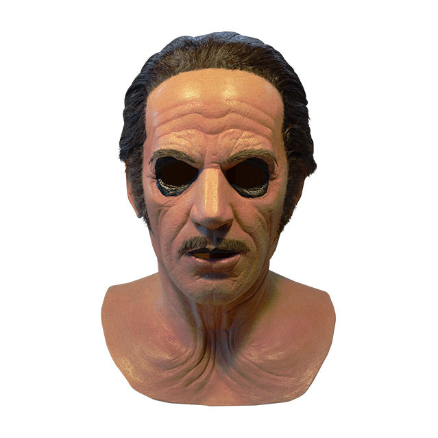 Mask head, neck and upper chest. Slicked back dark brown hair with gray streak, black-rimmed eyes, gray eyebrows, sideburns and moustache.