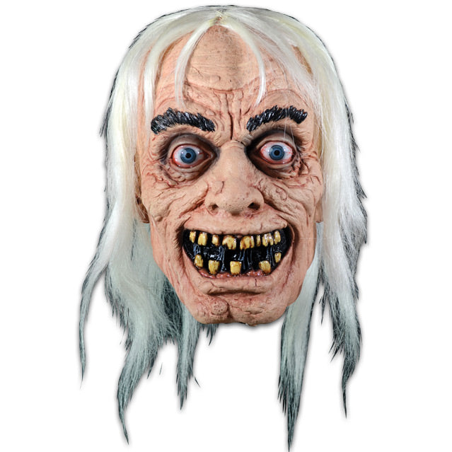Mask front view.  Old man, wrinkled skin on face. Long gray hair, bushy black eyebrows, red-rimmed, bloodshot blue eyes. Large gaping grin with rotten yellow and missing teeth.