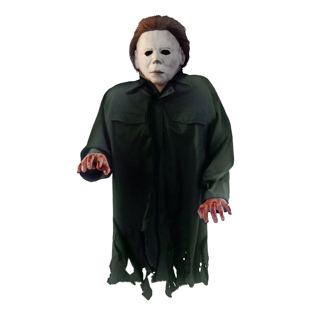 Hanging prop.  Upper body Michael Myers mask, brown hair white skin, wearing dark coveralls.