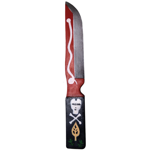 Chucky voodoo knife prop.  Black handle, with painted, simple white skull and crossbones, tan leaf and small green sprigs.  Red and white painted single edged siler blade.   
