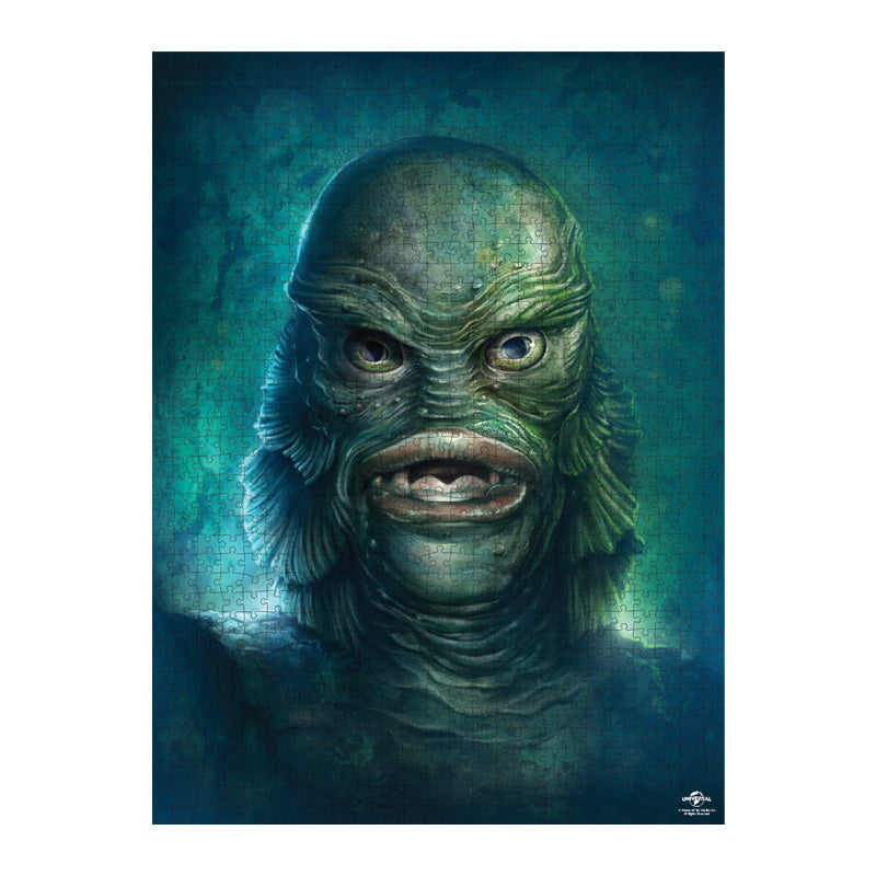 Creature from the Black Lagoon assembled jigsaw puzzle. Illustration of the Creature from the Black Lagoon, blue background, fish man face covered in green scales, large-lipped fish mouth. 