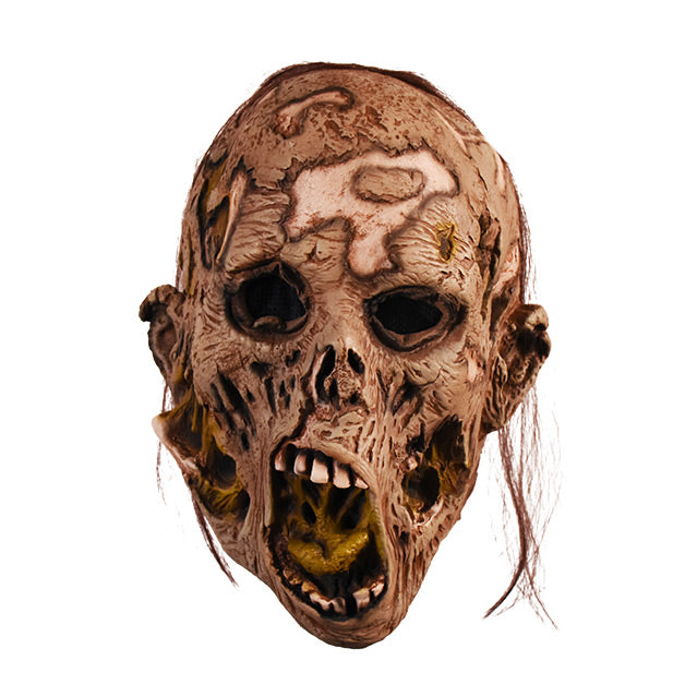Mask.  Face with brown rotting flesh, wide open screaming mouth with teeth and yellow slime, sparse stringy long hair.
