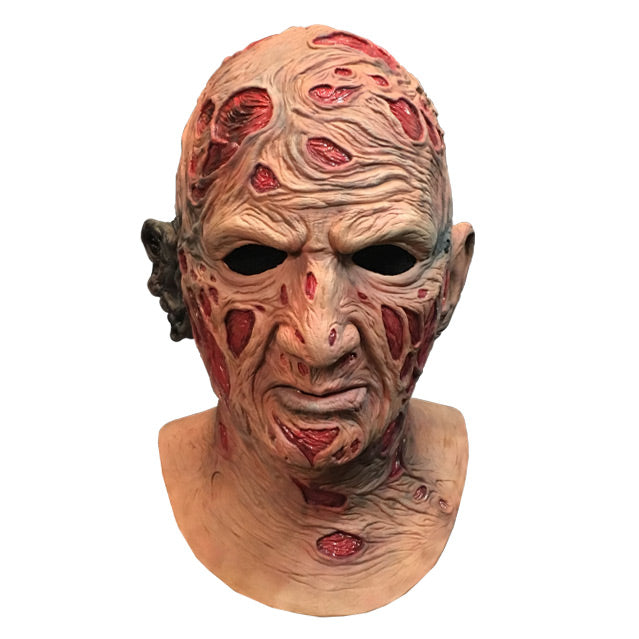 Front view, Freddy Krueger mask, head and neck, burnt skin, wrinkled with sores.