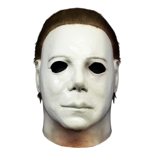 Michael Myers mask, Front view. Head and neck. Dark brown hair, white skin, flesh colored around bottom of neck.
