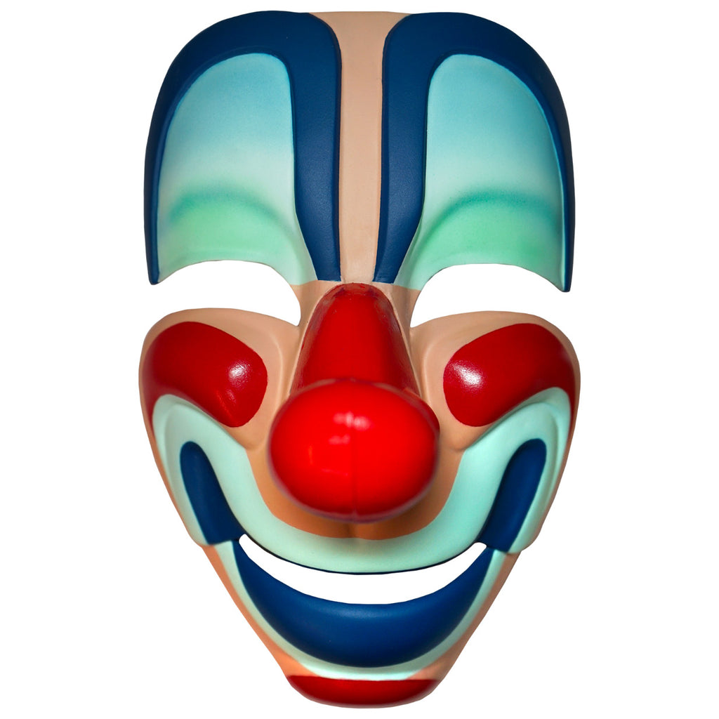 Brightly colored, smiling clown mask. Blue green and white eyelids, bright red nose, cheeks and chin, blue and white mouth.