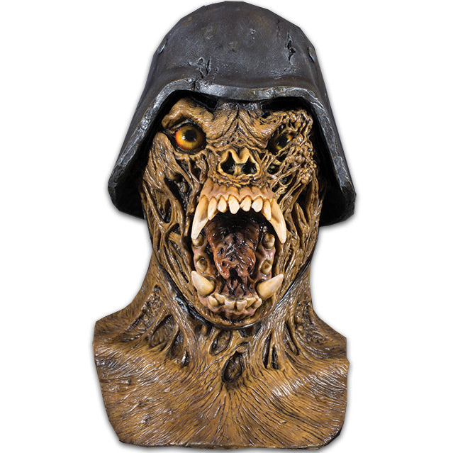 Mask, head and neck. Creature wearing a World War 2 helmet.  rotting flesh. Dark yellow eyes, right eye bulging.  Shriveled nose.  Open mouth with rotten tongue, large teeth and fangs.