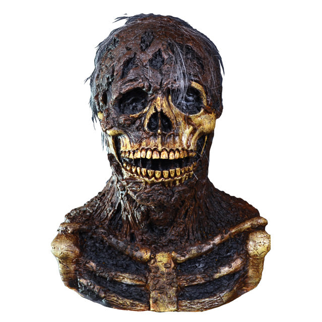 Front view.  Nate mask, head neck and upper chest.  Skeleton and skull, with sparse rotten flesh and gray hair attached.