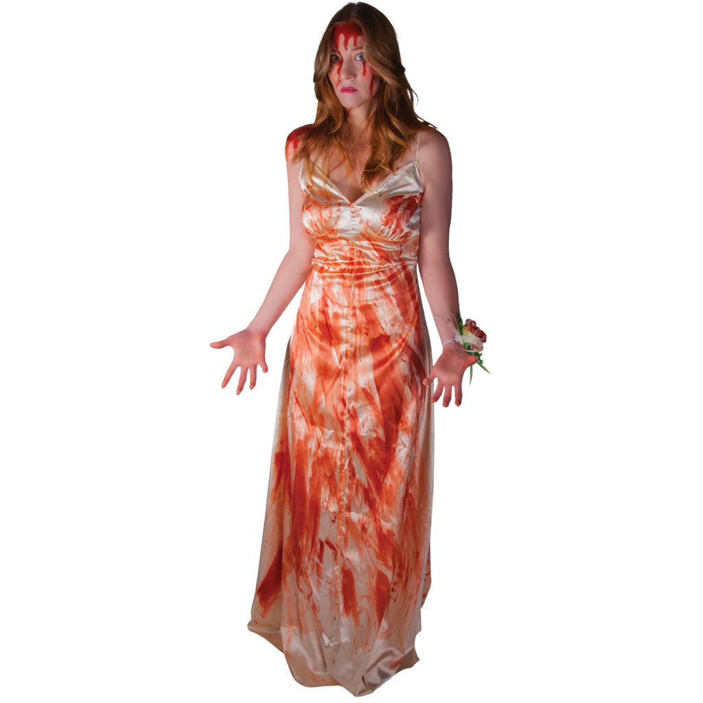 Woman in long blood-stained prom dress and corsage.