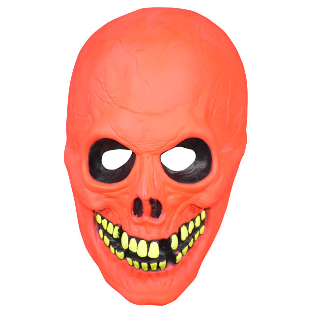 Neon orange skull mask, black eye sockets, neon yellow teeth in black mouth.