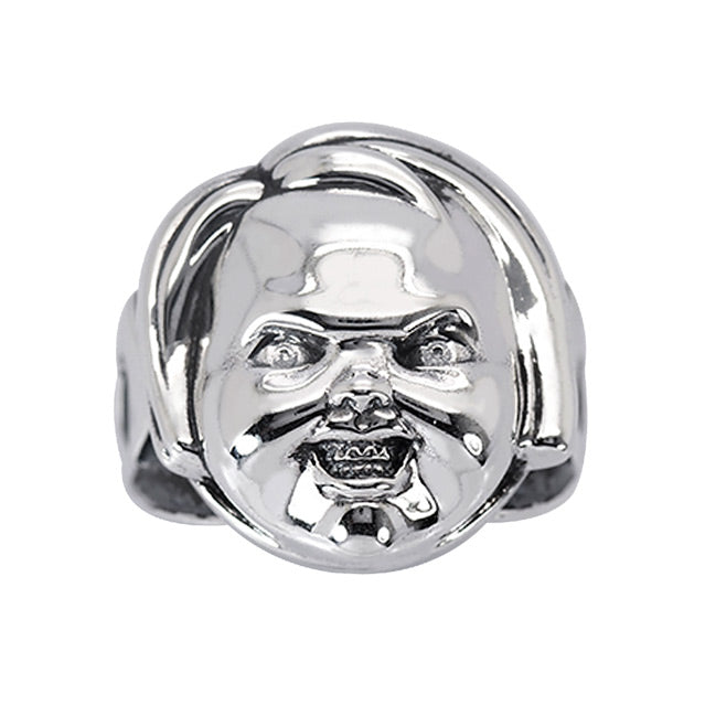 Front view. Sterling Silver ring. Evil Chucky Good Guys face.